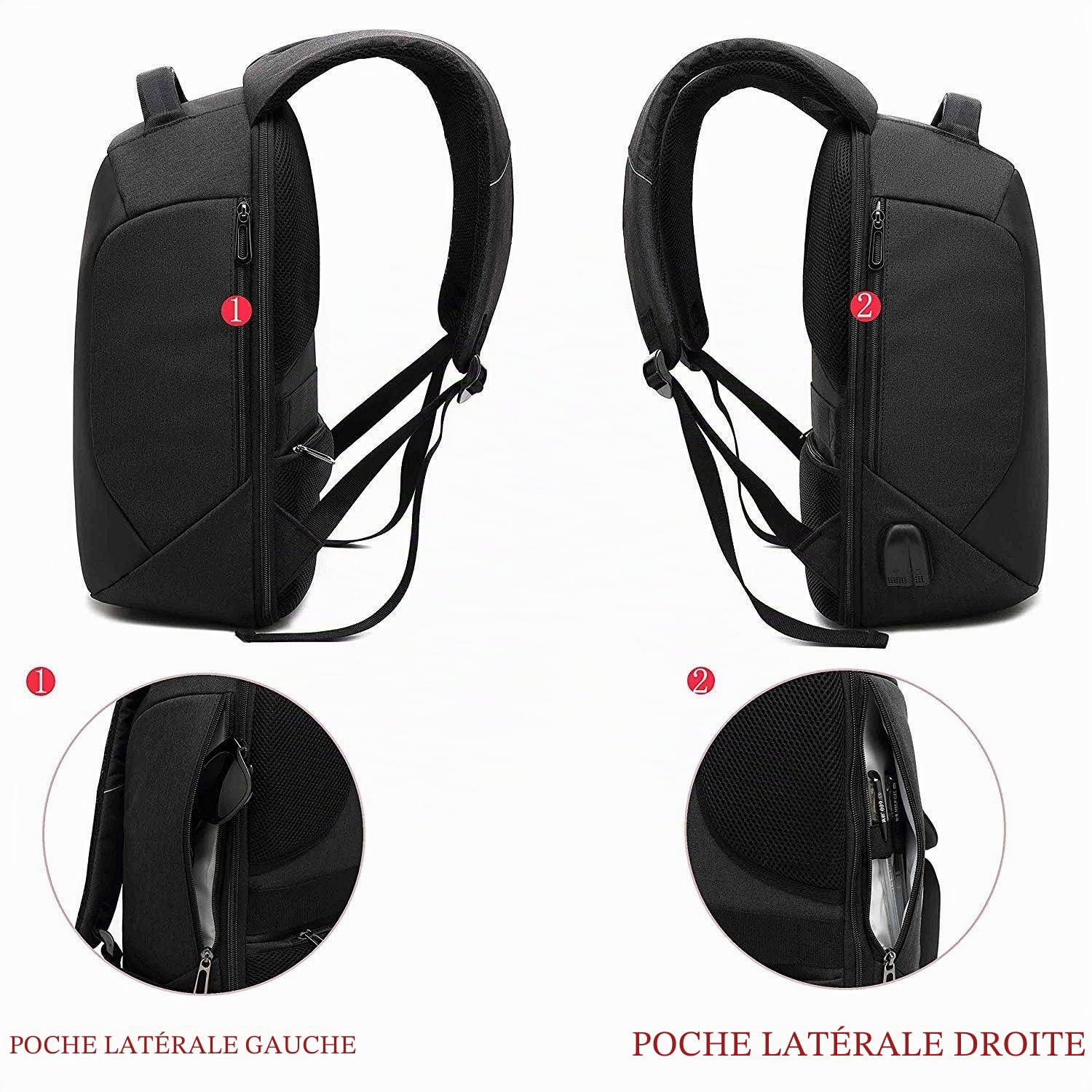 Antivol Sac à dos portable 15,6 pouces imperméable avec charge USB Sac de voyage pour affaires, étudiants, homme, femme, noir