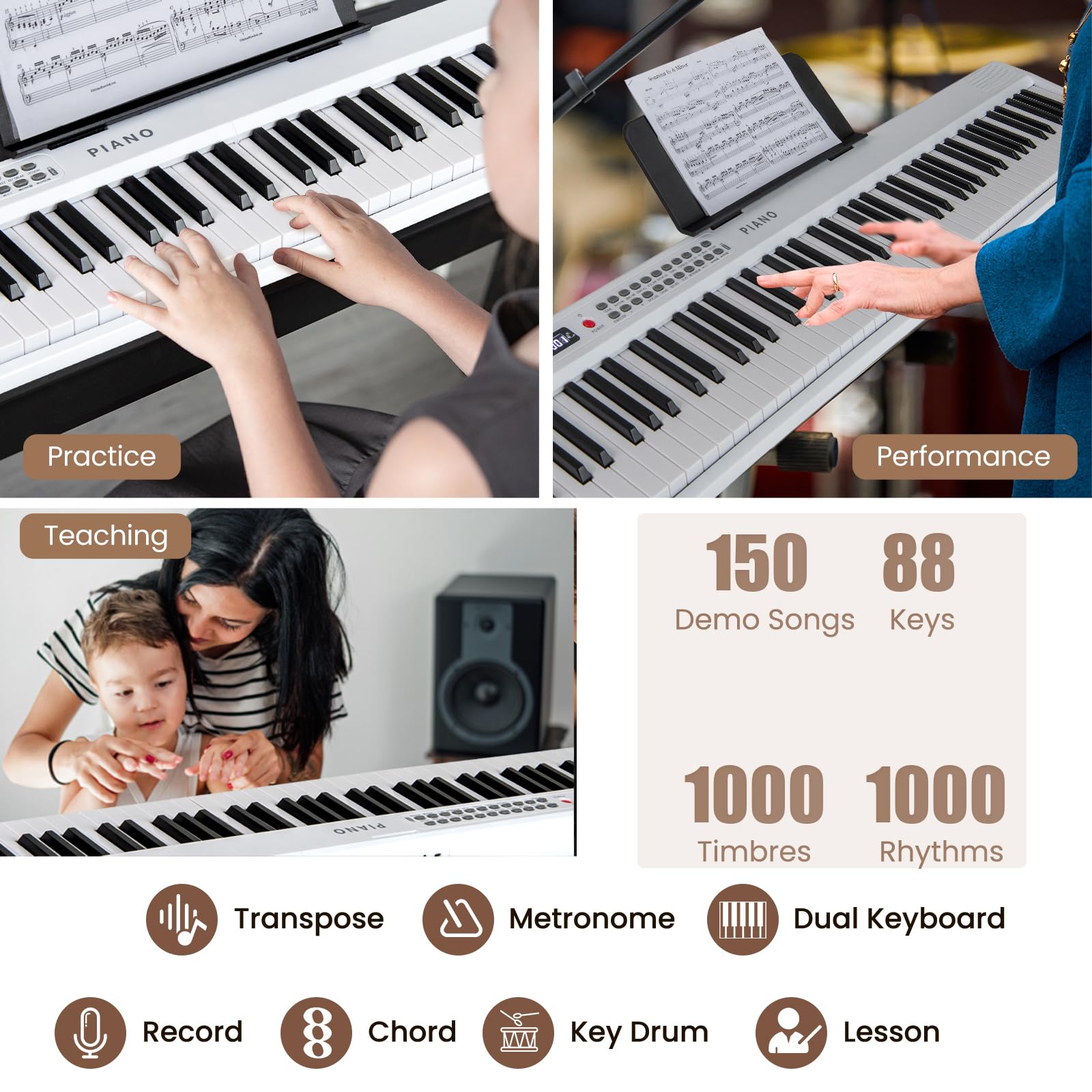 KOMFOTTEU Piano Numérique 88 Touches, MIDI sans Fil, Double Haut-parleurs, Pianos Électroniques, Clavier semi-lesté, 1000 Sonorités & Rythmes, Piano Numérique pliable avec Sac de Transporter (Noir)