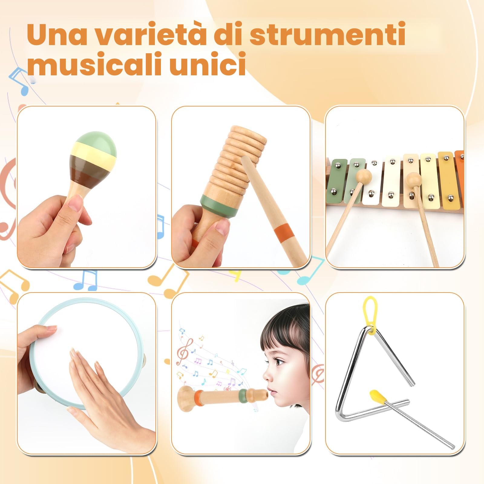 Strumenti Musicali Bambini, 6 in 1 Giochi Legno Montessori Sensoriale, Strumenti Musicali Percussioni in Legno - Tambourine Percussioni per Bambini con Tamburo, Xylophone , 3 4 5 6 Anni