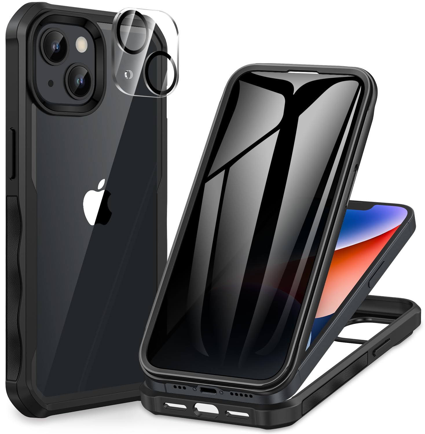 CENHUFO iPhone 14 Case/iPhone 13 Case, with Built-in Glass Anti Spy Privacy Screen Protector and Camera Lens Protector Full Body Shockproof Cover Bumper Cell Phone Case for iPhone 14/iPhone 13 -Black