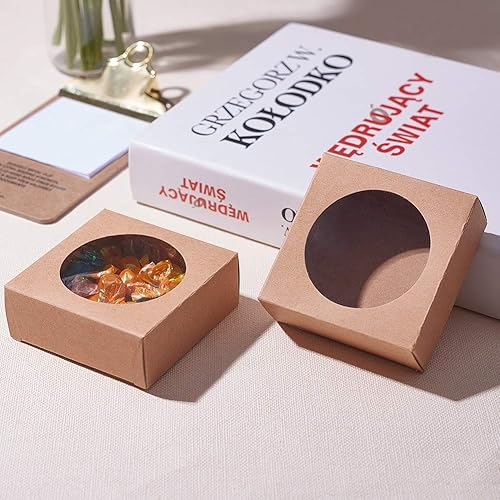 Miniatura 8 de BENECREAT Paquete de 24 cajas de papel kraft cuadradas marrón con ventana redonda transparente de 4 x 4 x 0.9 pulgadas para regalos de fiesta,