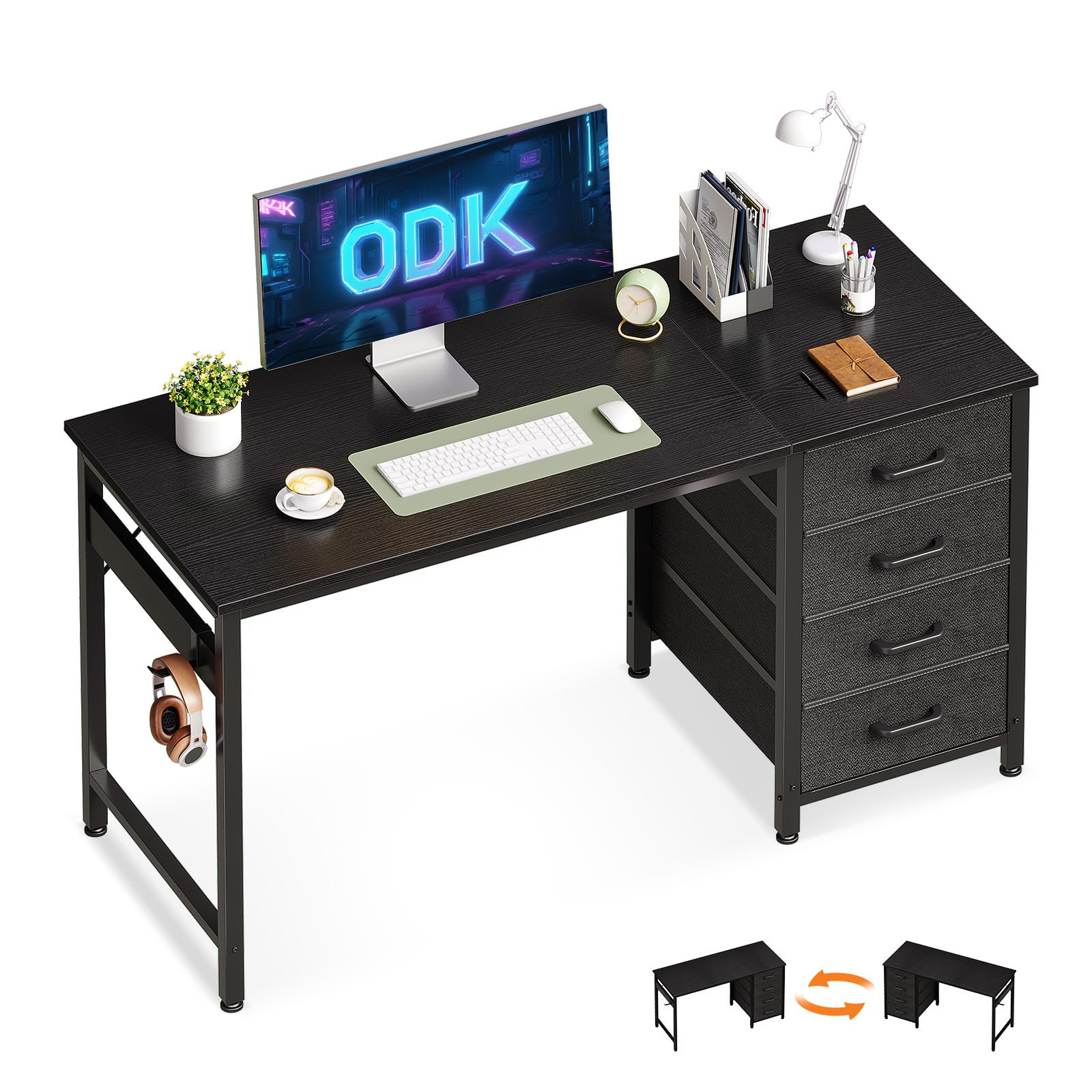 ODK Computer Desk with Drawers, 120 x 48 cm Office Desk with Storage & Headphone for Small Spaces, Reversible Small Study Table for Home Office, Black