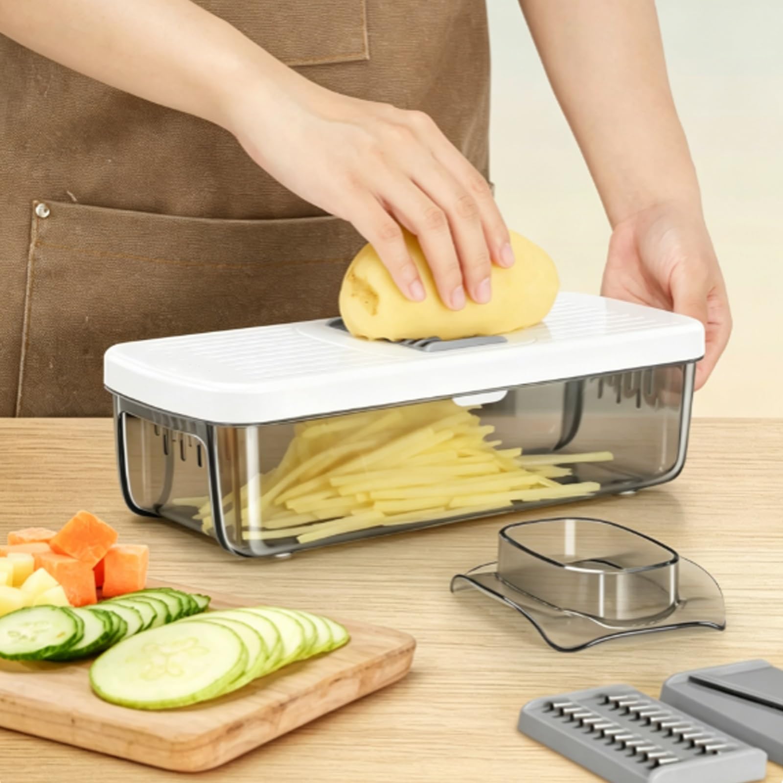 Coupe Legumes, Multifonctions et Mandoline avec 8 Lames et Récipient, Panneau Élargi, Quatre Pieds Antidérapants, Ustensiles Accessoires de Cuisine Essentiels la Préparation