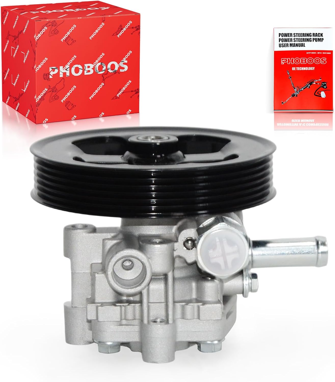 PHOBOOS Power Steering Pump Compatible with Dodge Caliber Hatchback 2007-2012, Jeep Compass/Patriot 2007-2017, 1.8L/2.0L/2.4L, with Outlet & Pulley, Smooth Steering, Low Noise, Ref. 96-2401