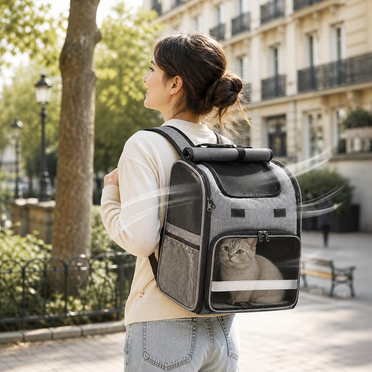 Katzenrucksack Faltbar, Hunde Rucksack, Haustier Rucksack mit verstellbaren Schultergurten, Abnehmbares Plüschpolster Katzen Transport Rucksack mit für Katzen bis 10KG Reisen, Walken (Schwarz)
