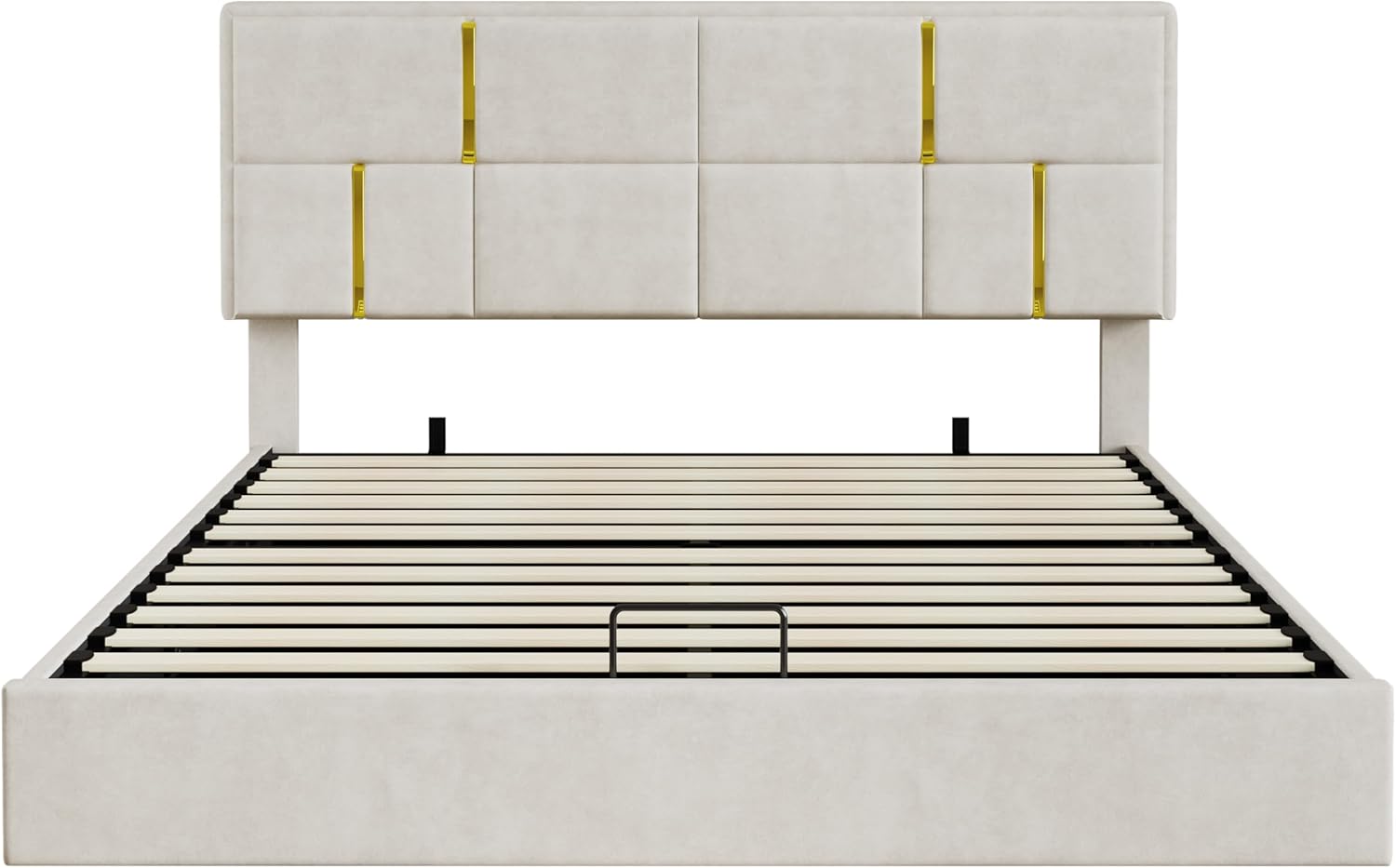 View of the solid wood slats supporting the mattress on the Polibi bed frame.