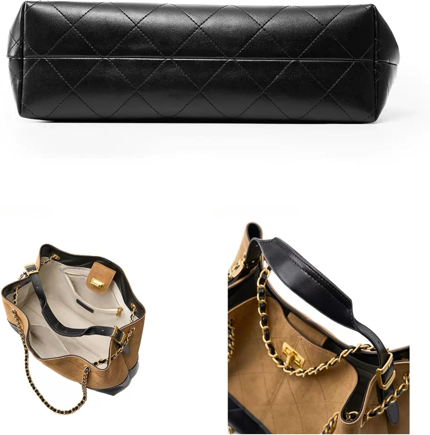 Quilted Bucket Crossbody Bag Purse for Women, Leather Shoulder Bag with Chain Strap & Turn-Lock Closure