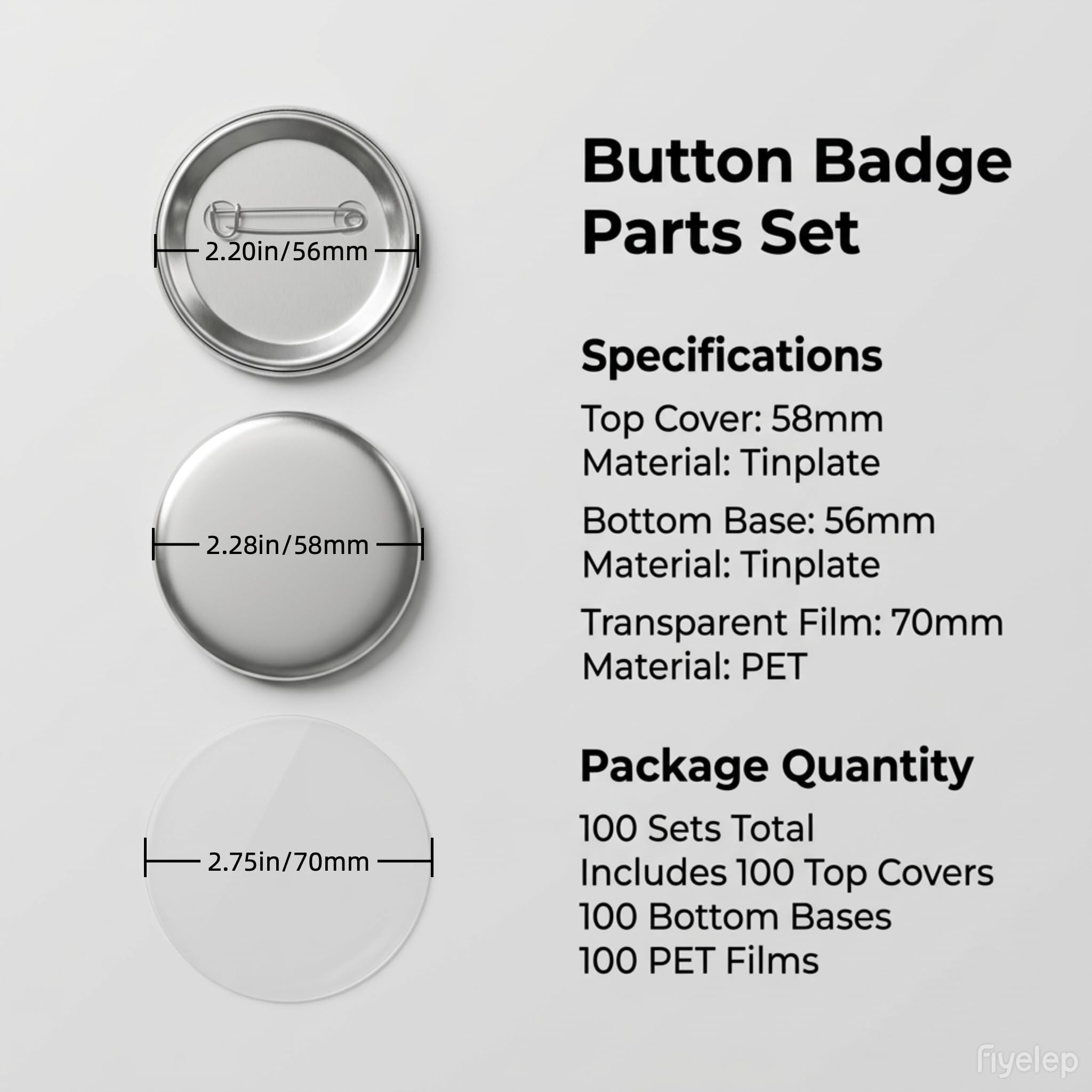 Buttons selber machen, 100 Stück Blank Button Rohlinge 58mm, Runde Metall Abzeichen Teile, Badge Making Supplies passend für Maker Maschine