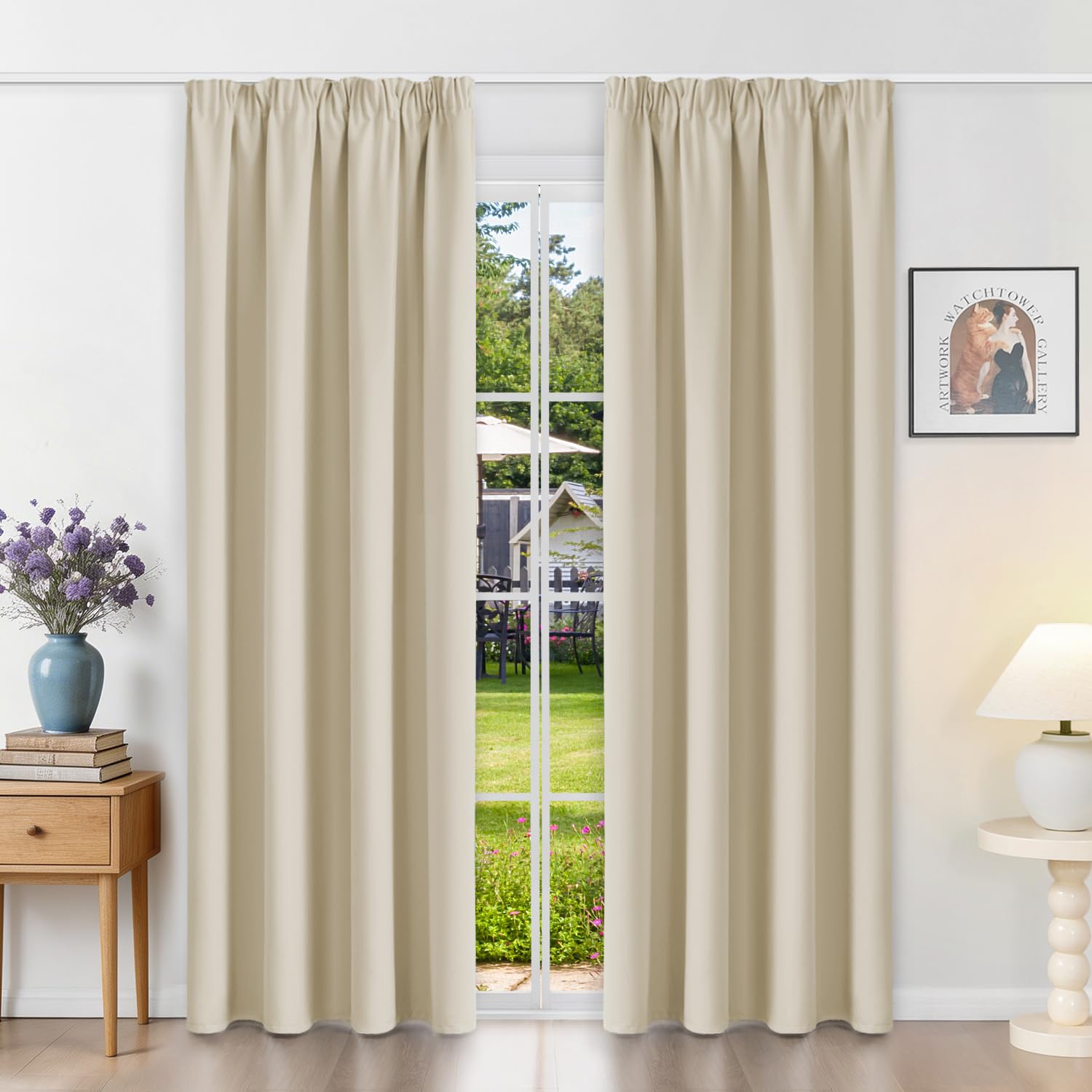 Runyéla Pencil Pleat Blackout Curtains for Bedroom Thermal Curtain 52 x 84 Inch Drop Living Room Kitchen 2 Panels Light Beige
