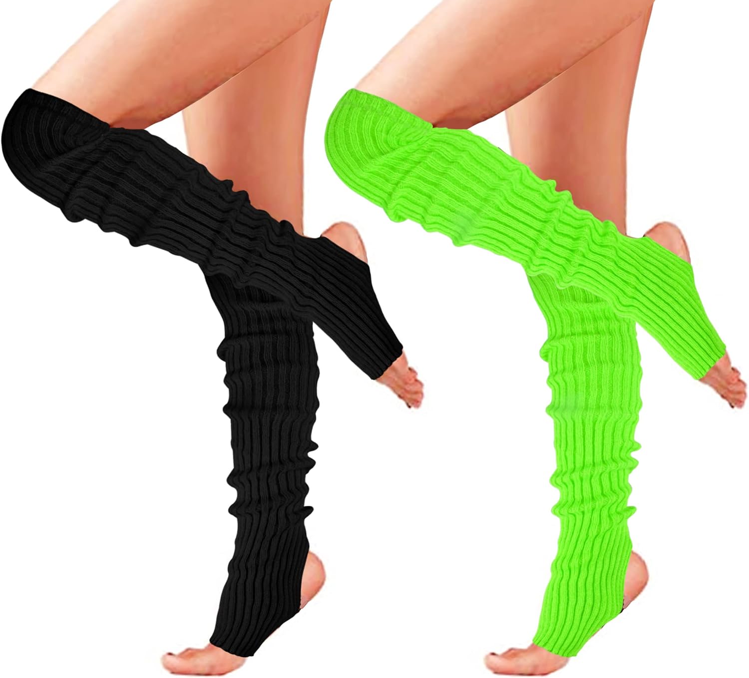 Women Long Knitted Stirrup Leg Warmers Over Knee High Neon Ribbed Leg Warmers for 80s Party Dance Sports