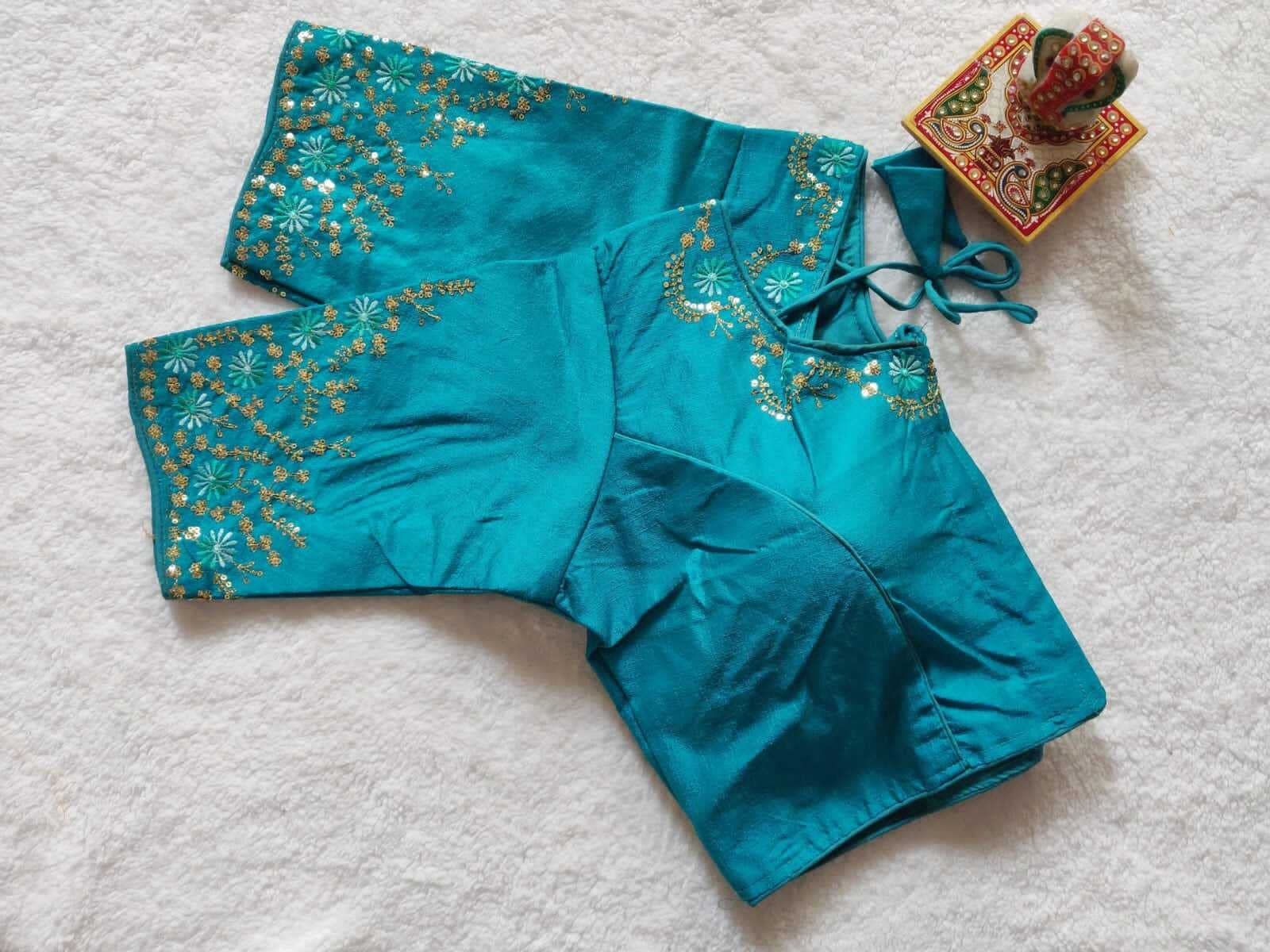 Pujia Mills Women's Silk Embroidery Sequence Work Half Sleeve Readymade Blouse (Rama, 38)