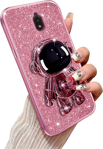 Phone Case for BLU View 2 with Astronaut Kickstand & Lanyard Soft TPU Bling Shockproof Protection Cover for BLU View 2 Case, Rose Gold