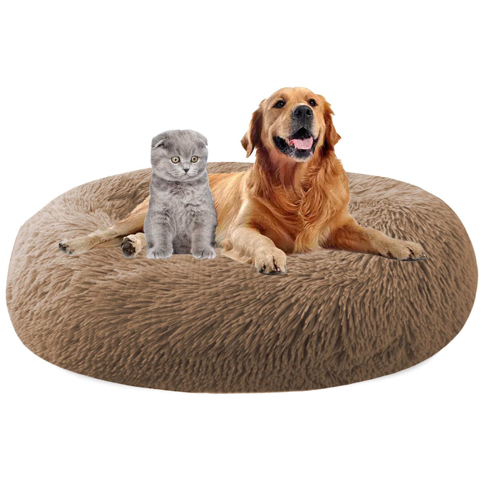 MAIFENGL Calming Dog Bed Plush Donut Pet Bed, Fluffy Washable Non-Slip Plush Cuddler Warming Round Dog Cat Bed- Khaki|| Ø120cm/47in