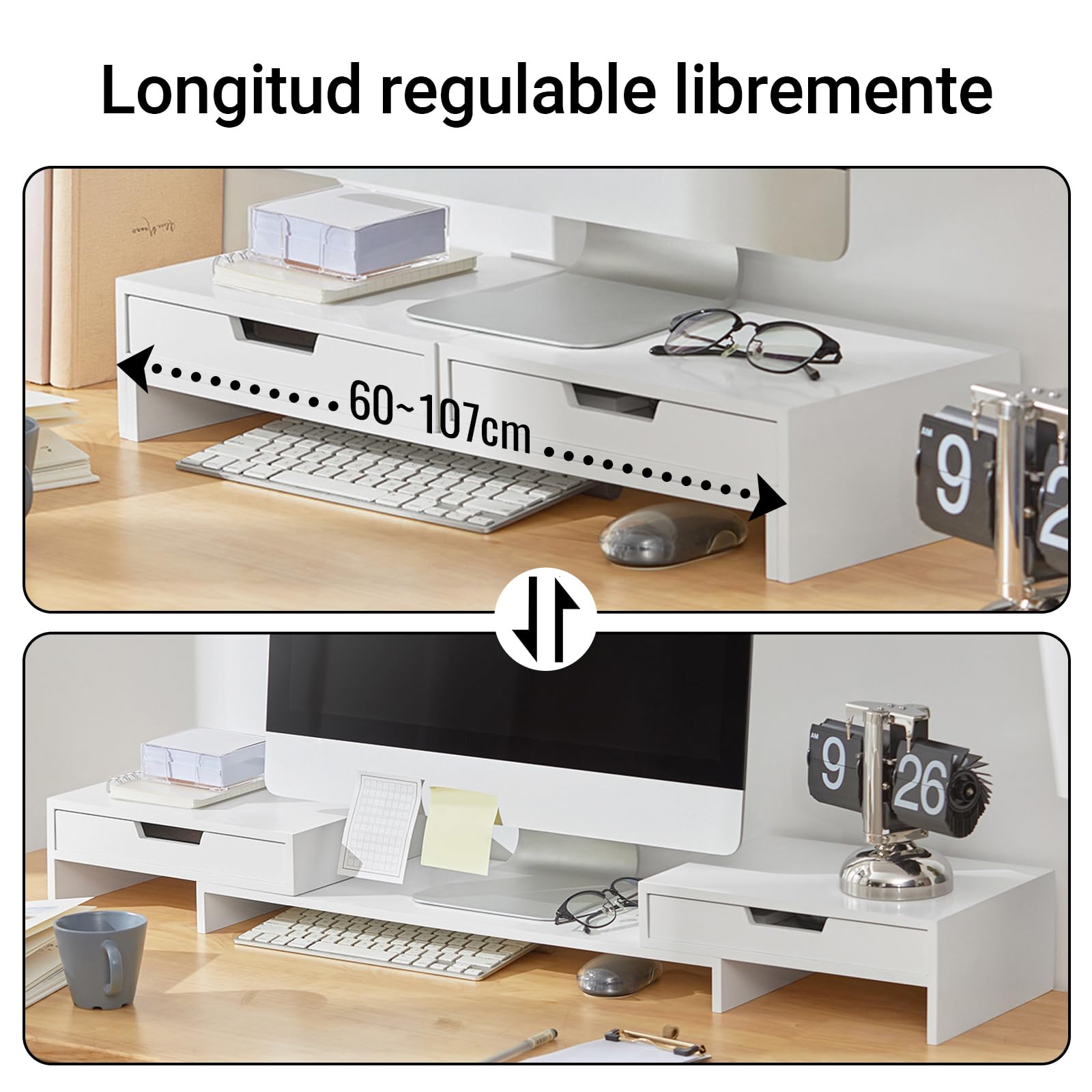 SoBuy Soporte Monitor ajustable con 2 Cajones Carga 25kg 60–107x22x11cm | Elevador Monitor con 2 Cajones e Pasacables, Soporte Monitor para Trabajo Ergonómico, para 2 Monitores, Blanco, BBF04-W