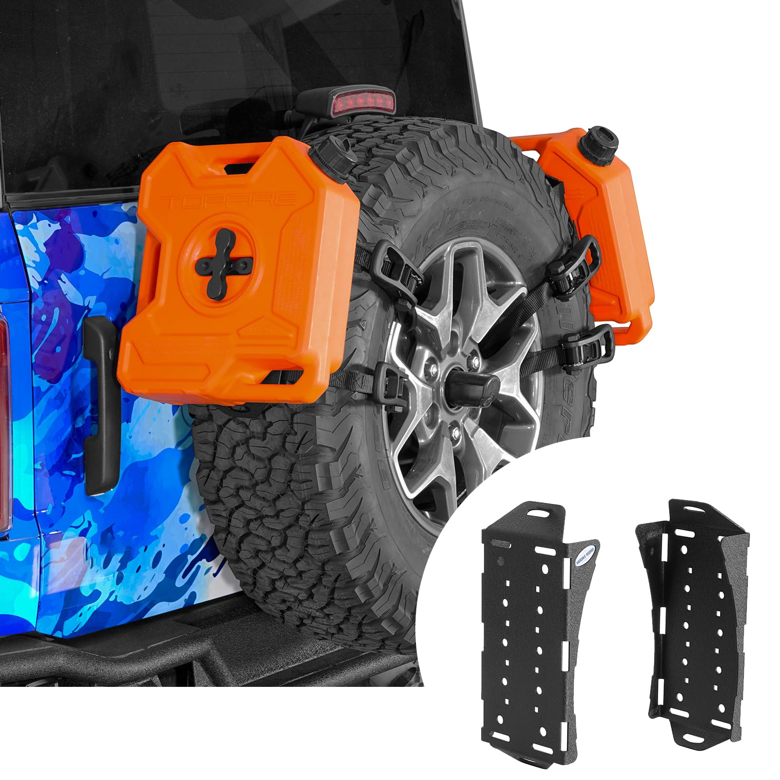 Photo 1 of Hooke Road 2PCS Universal Fit Gas Can Spare Tire Mount Brackets, Quick Release Camping Tool Storage Racks for Rotopax Fuel Can, Water Tanks, Offroad Accessory