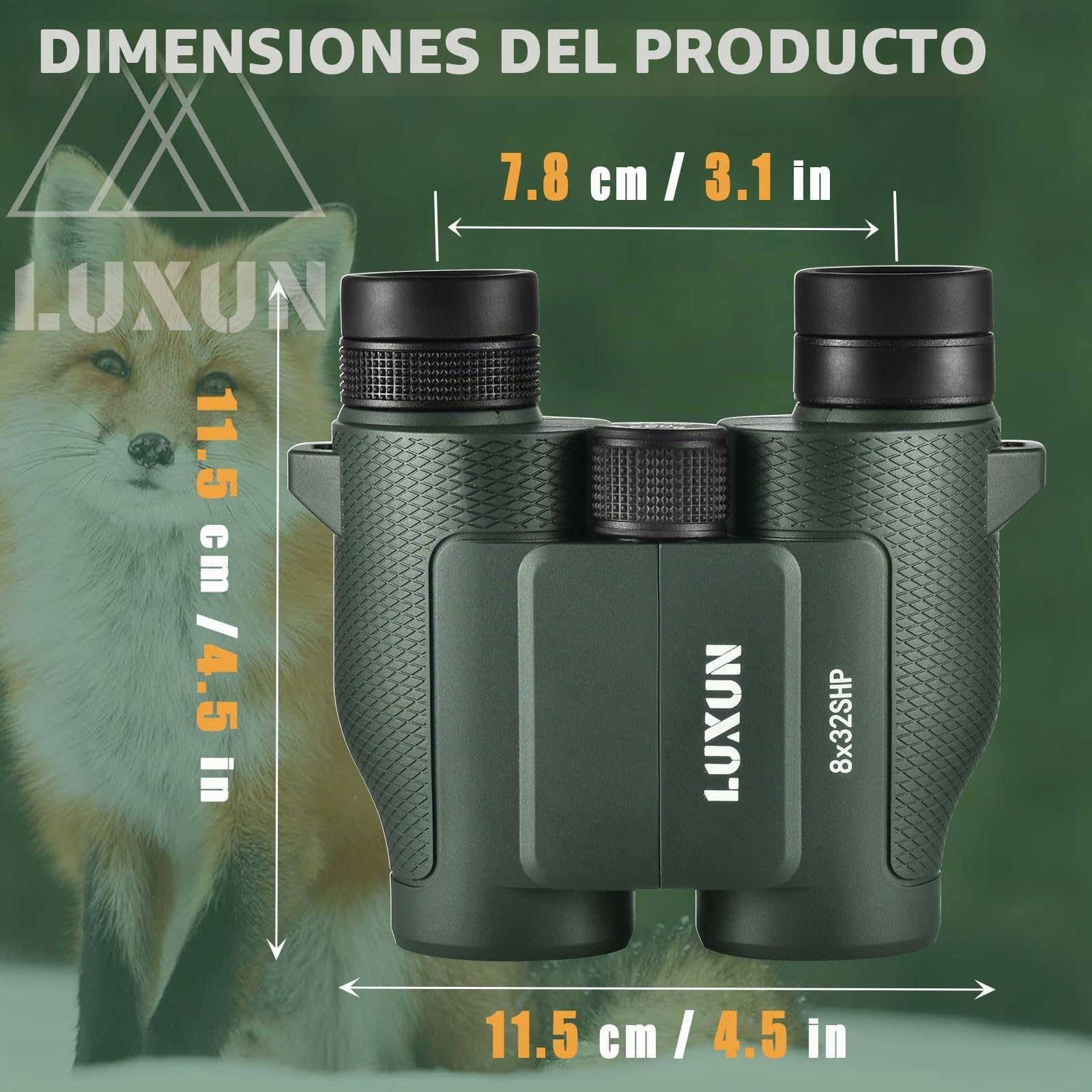 LUXUN Prismáticos pequeños para adultos, 8 x 32, para caza, ocular grande, ultrasharp, mini binoculares para observación de aves, color verde