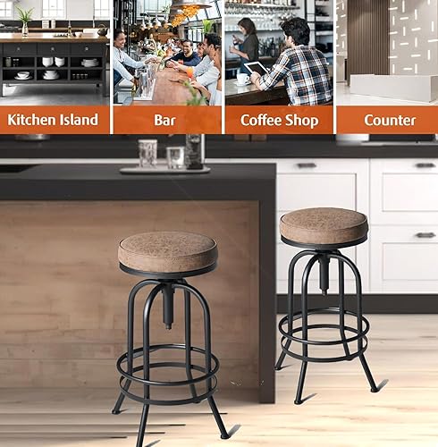 Miniatura 38 de Diwhy Taburete de bar industrial, de 26-32 pulgadas, ajustable, giratorio, de madera, de metal, con respaldo, para cocina, comedor, pub, bistró,