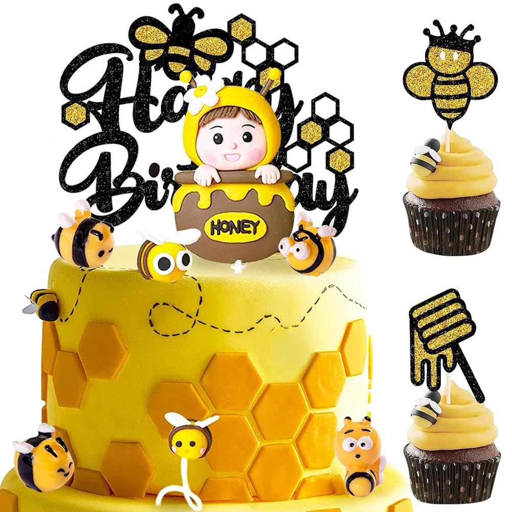 Nuobesty, decorazioni per torte a forma di ape, 30 pezzi, con brillantini, a forma di ape, per cupcake, dessert, decorazioni per torte per baby shower, sesso, api, feste di compleanno