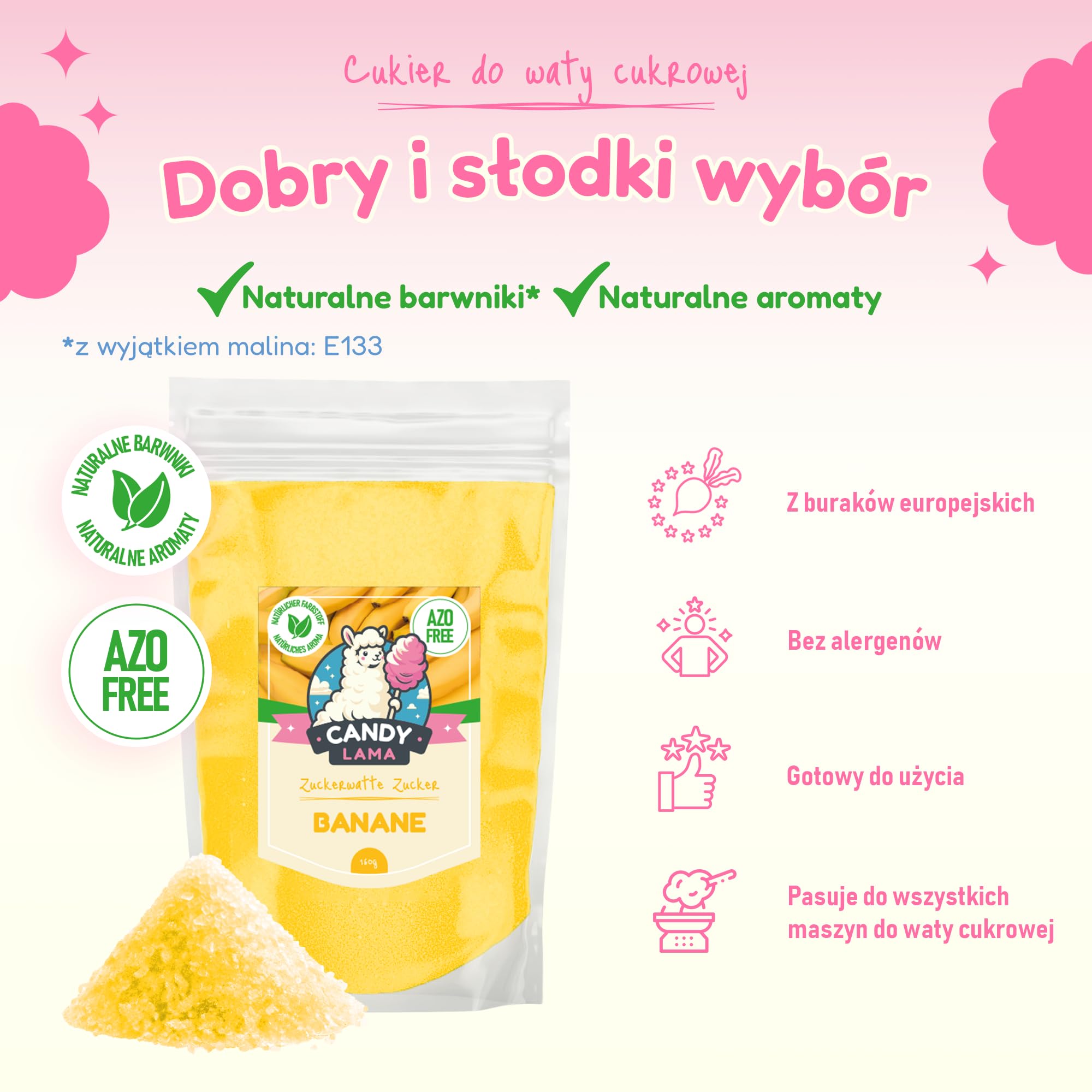 CANDY LAMA Zestaw cukrów do waty cukrowej, zestaw imprezowy 5 x 160g: Truskawka, Malina, Jabłko, Banan i Arbuz, w zestawie 20 patyczków do waty cukrowej, do maszynki