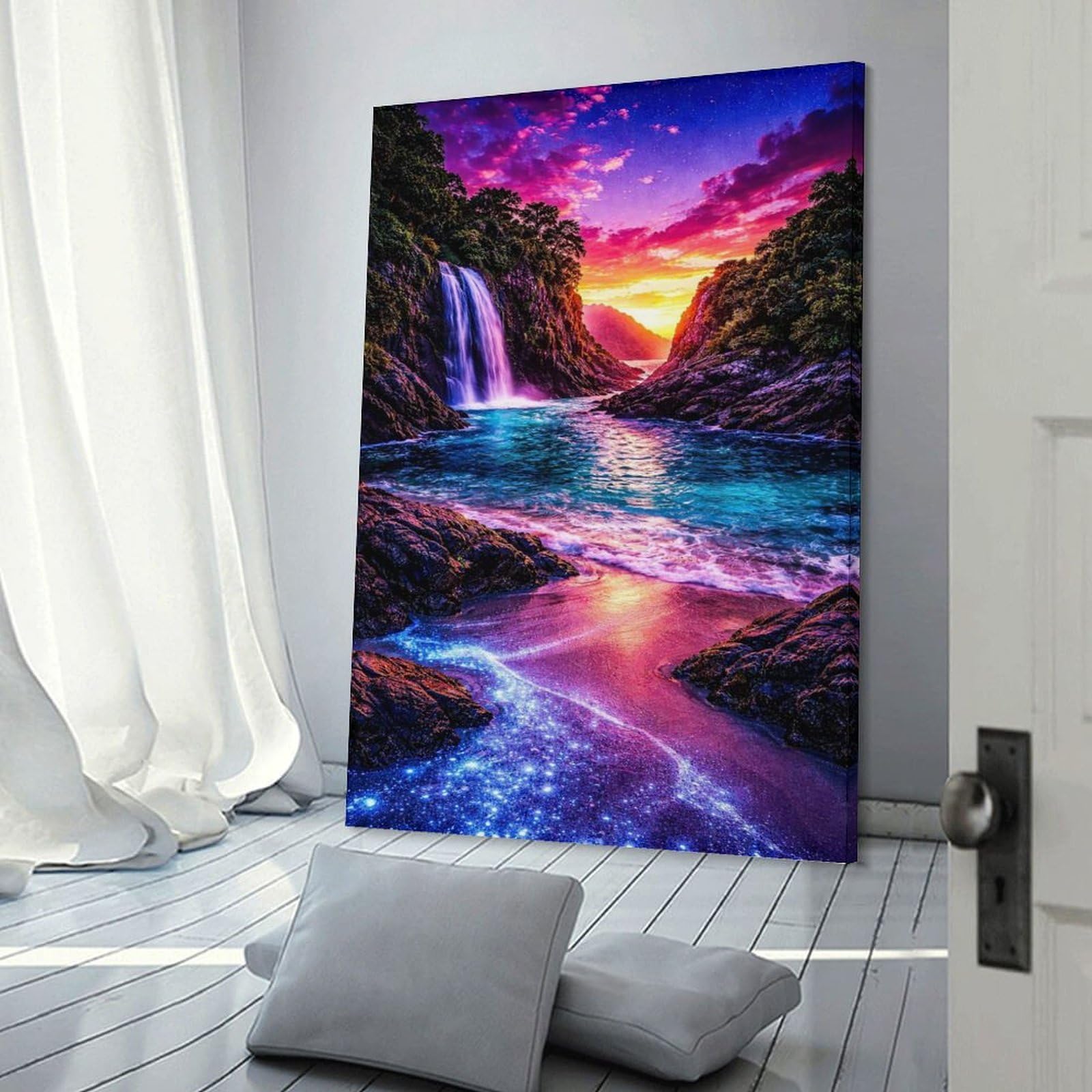 Junmoney Bioluminescent Beach Waterfall at Sunset Wall Art Print, 24x36inch(60x90cm), for Study, Office Or Focused Interiors, Home Office Artwork with Decorative Appeal