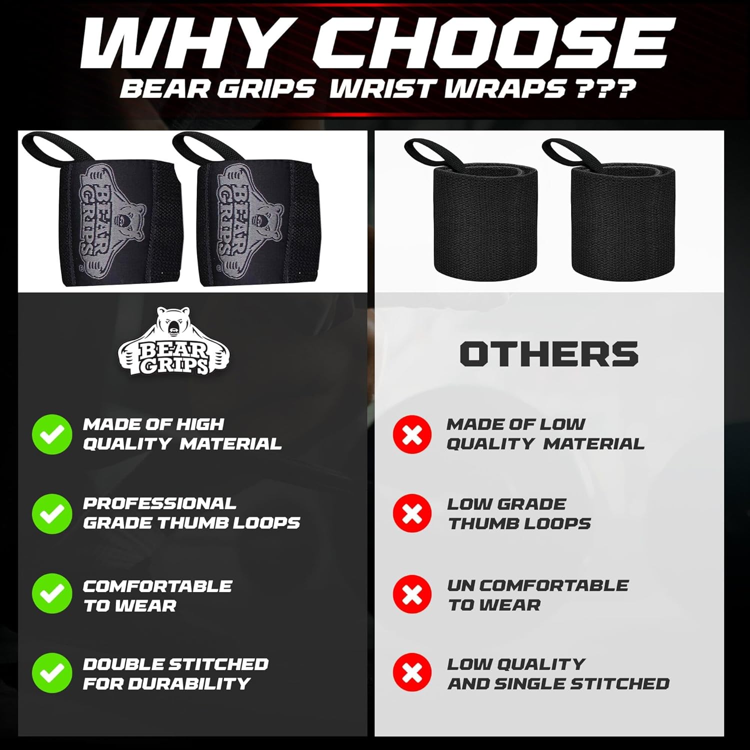 Bear Grips Wrist Wraps for Weightlifting | Weight Lifting Wrist Straps for Weightlifting | Extra Strength Gym Wrist Wraps | Two Wrist Wrap Per Pack | 12” & 18” | Lifting Wrist Wraps for Men & Women