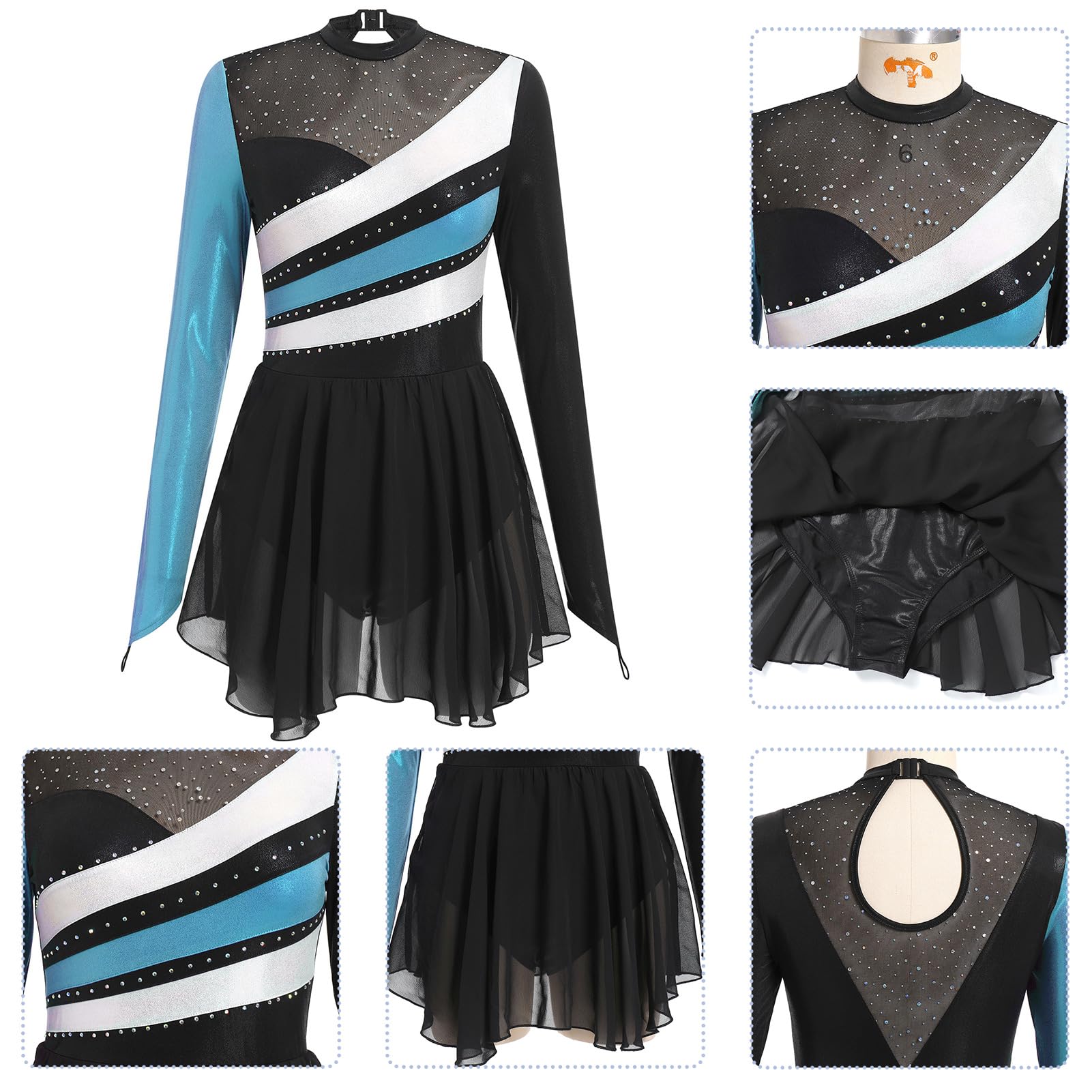 FYMNSI Robe de patinage artistique pour femme - Paillettes métallisées - Manches longues - Justaucorps de danse - Tailles XS à XL