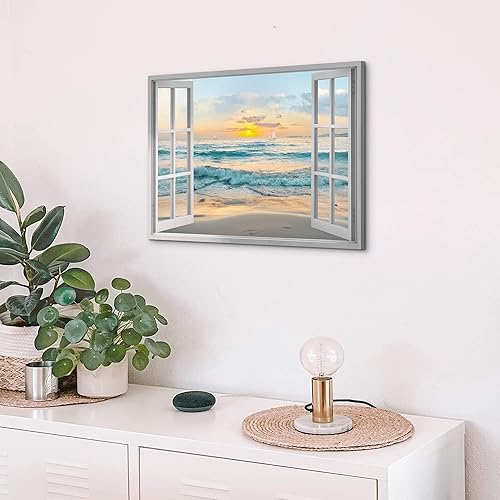 Miniatura 3 de Arte de Lienzo de Ventana Abierta para Pared Paisaje Costero de Playa al Atardecer Vista de Ventana Falsa Imagen Olas Azules del Océano Pintura de
