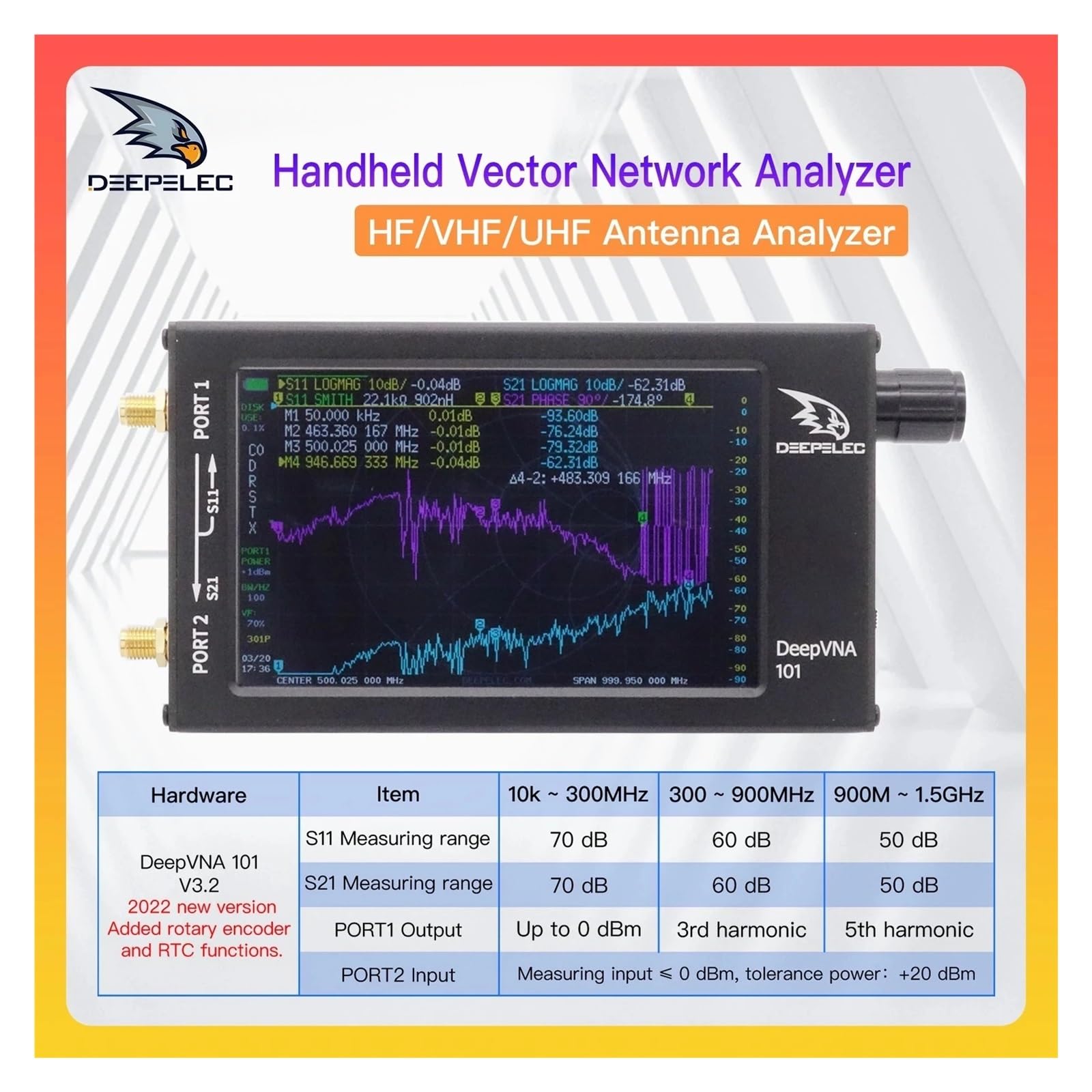 Analizador de Redes Vectorial, VNA-101 10k-1,5 GHz medidor SWR VHF UHF Analizador de antena 4,3 "IPS LCD caja de Metal analizador de red vectorial portátil