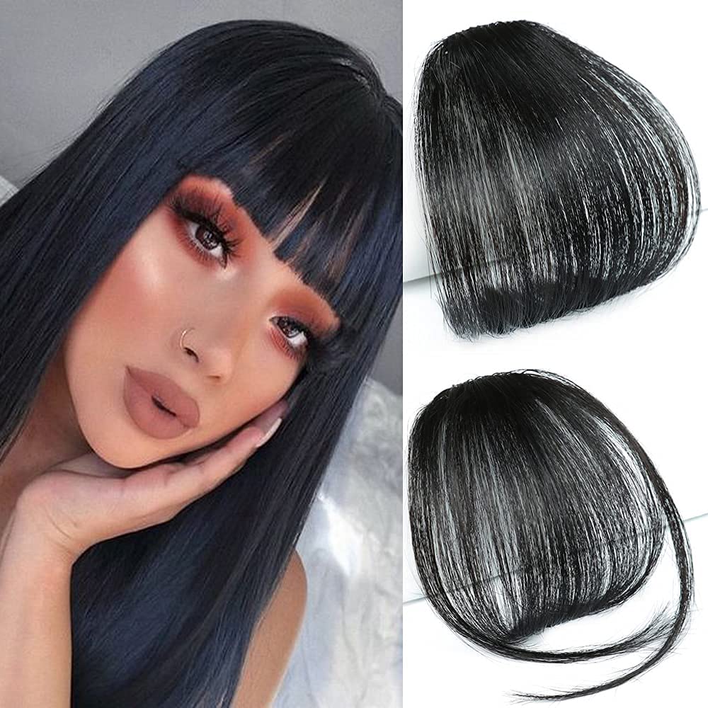 VIKIJO Bangs Hair Clip in Bangs Human Hair Wispy Bangs Fringe with Temples Hairpieces for Women Clip on Air Bangs Fringe Faker Bangs (Natural Black)