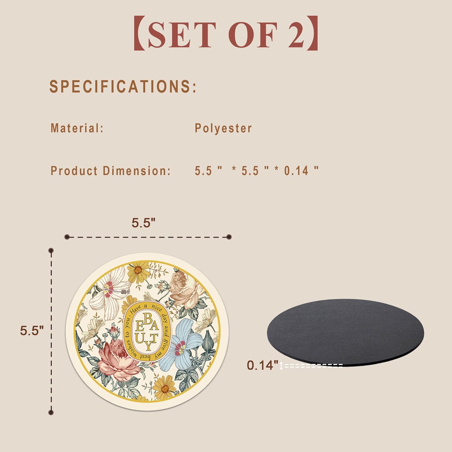 Coaster Set of 2 for Drinks, Absorbent Rubber Desk Coaster Non-Slip Drink Coasters, Vintage Style, Cup & Wine Bottle Coasters, Table Protection for Home, Bar, Kitchen - Image 2