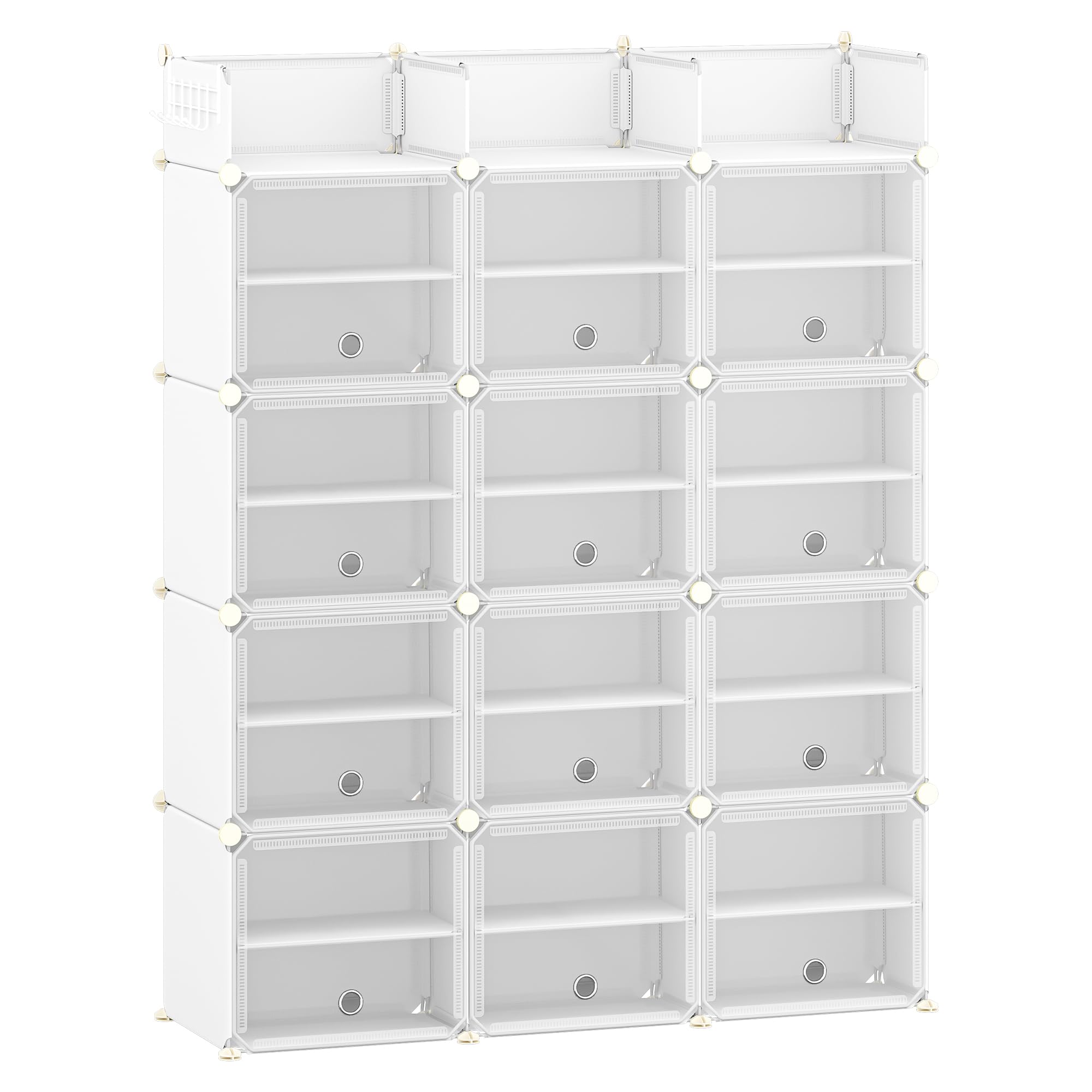 Hzuaneri Zapatero de 12 Puertas con Ganchos, para 48 Pares de Zapatos | Banco de Zapatos de Plástico para Pasillo, Dormitorio, Entrada, 36 x 125 x 161 cm, Blanca Transparente, SR10903W