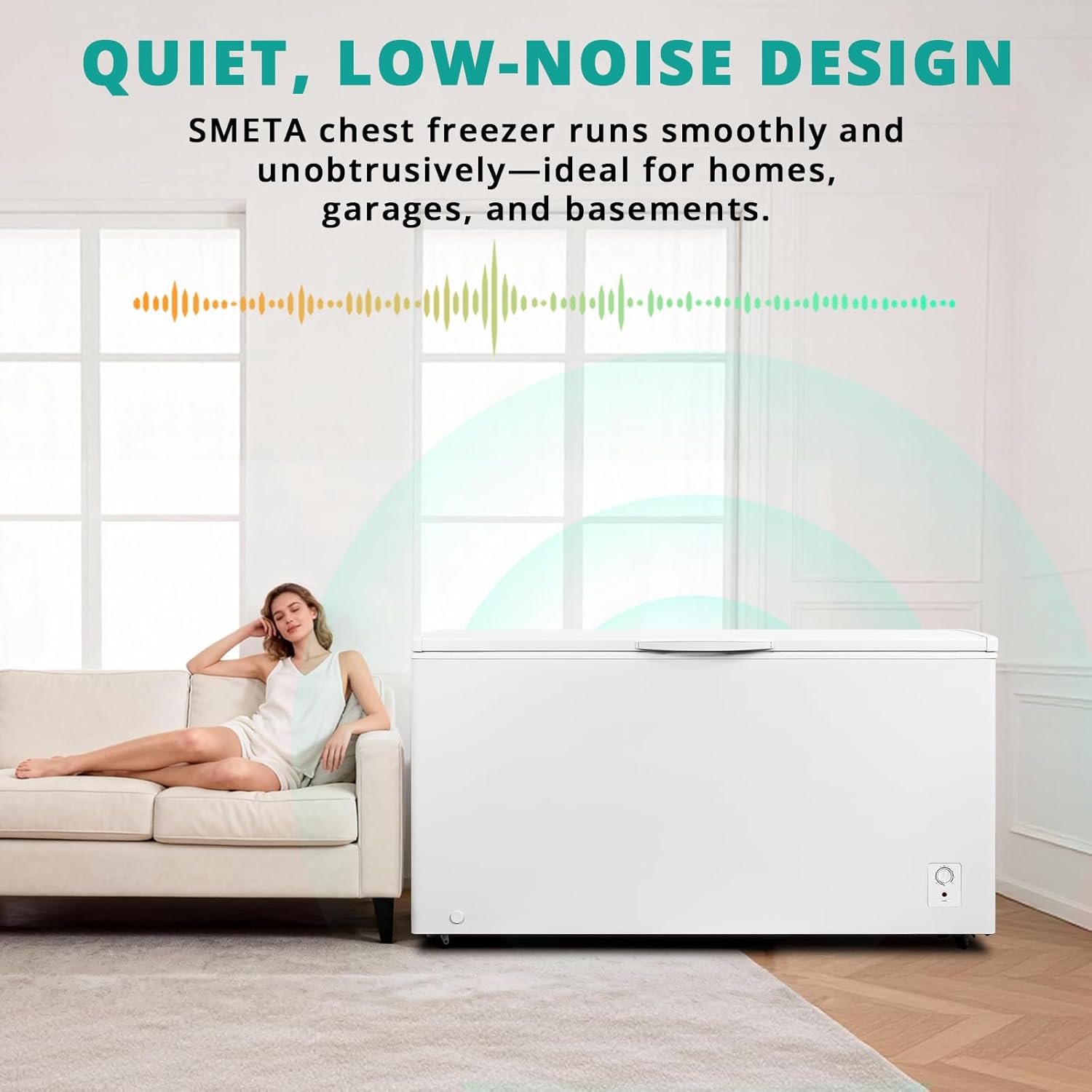 SMETA Chest Freezer 14.0 Cubic Feet, Deep Large Freezers Top Door with Removable Basket, Adjustable Thermostat 4 Wheels, Energy Saving, Large Storage for Garage, Kitchen, Office, White