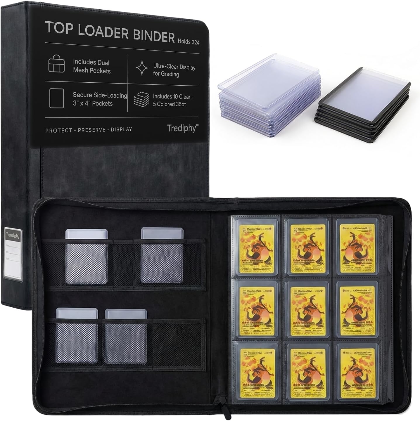 Top Loader Binder, 9 Pocket (3" x 4"), Holds 324 Toploaders, Includes 15 Toploaders (10 Clear + 5 Color Matched), Side-Loading Zippered Binder for TCG, MTG & Sports Cards (Black)