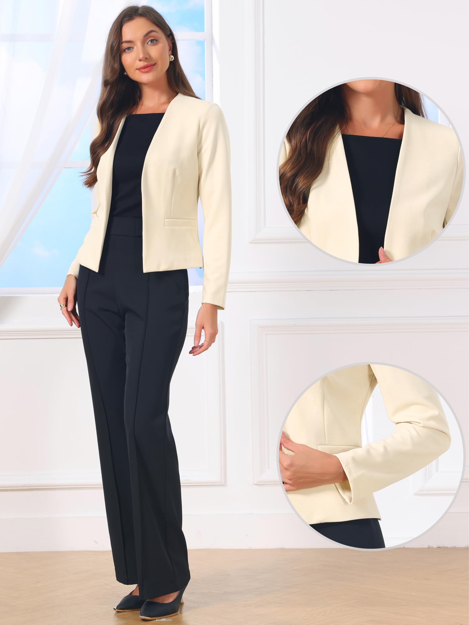 Allegra K Blazer décontracté à manches longues ouvert sur le devant sans col avec poches pour femme