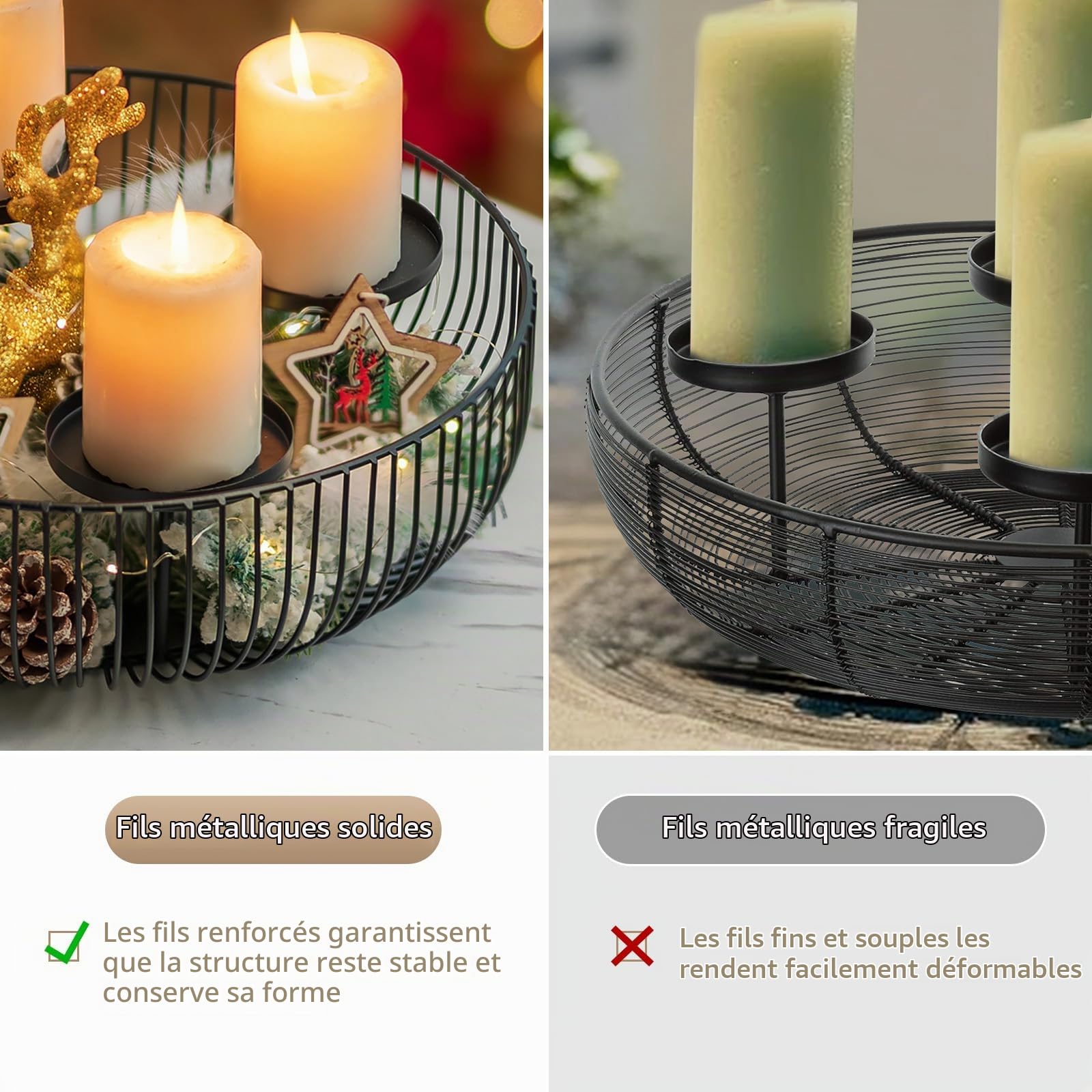 Sziqiqi Bougeoir Couronne Avent Métal, Moderne Arrangement de l'Avent Noir Support de Bougie de Avent pour 4 Bougies Piliers, Candélabres Ronde pour Décoration de Noël Avent