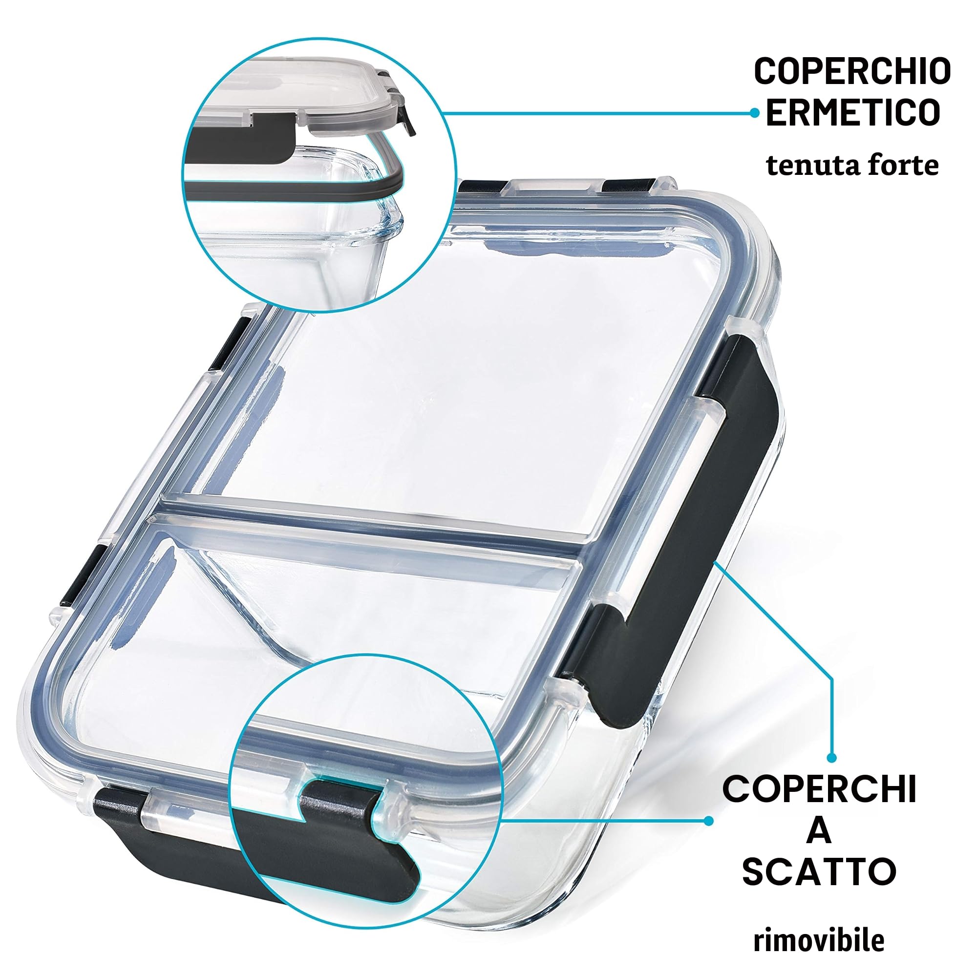 Igluu Meal Prep Contenitori Ermetici per Alimenti in Vetro con Coperchi (Set da 3) – 2 Scomparti – Senza BPA – Forno, Microonde, Freezer e Lavastoviglie – 980 ml – Vetro Borosilicato
