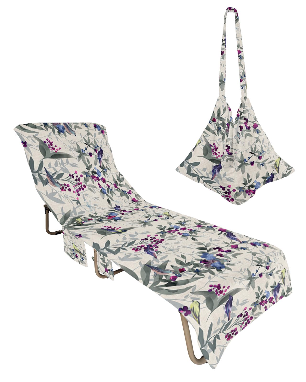 Gray Botanical Beach Lounge Chair Towel Cover, Soft Chaise Lounge Towel with Side Pockets Patio Pool Chairs Cover for Beach/Pool Sunbathing 29x85 Rustic Spring Floral Summer Botanical Birds