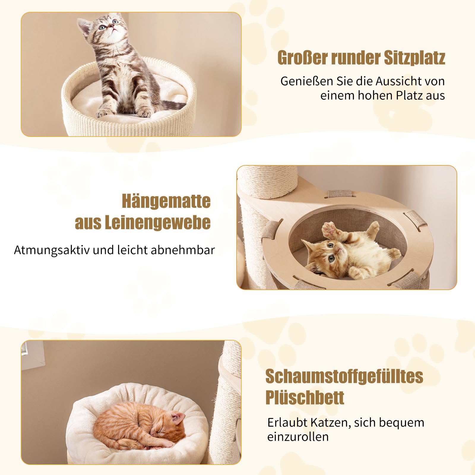 COSTWAY Kratzbaum, Katzenbaum mit 2-stöckiger Kratztonne, Hängematte, abnehmbarem Bett, Sisalbrett, Spielball, Katzenkratzbaum Katzen Katzenmöbel, Kletterbaum Aktivitätsbaum, Beige+Natur