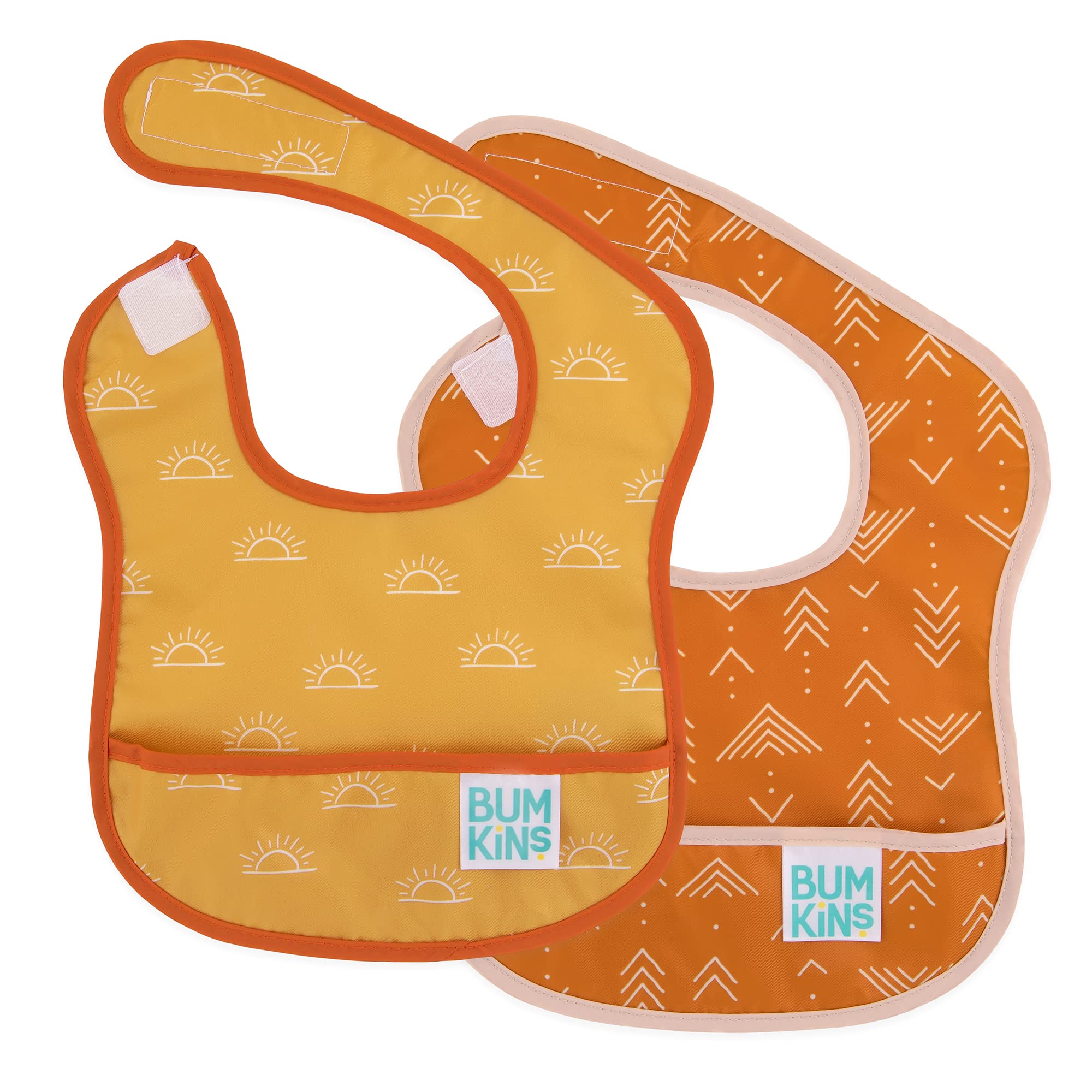 BumkinsBibs, for Baby Girl or Boy, Infant 3-9 Months, Essential Must Have for Eating, Feeding, Baby Led Weaning Supplies, Mess Saving Waterproof Soft Fabric, Starter Bib 2-pk Desert Boho