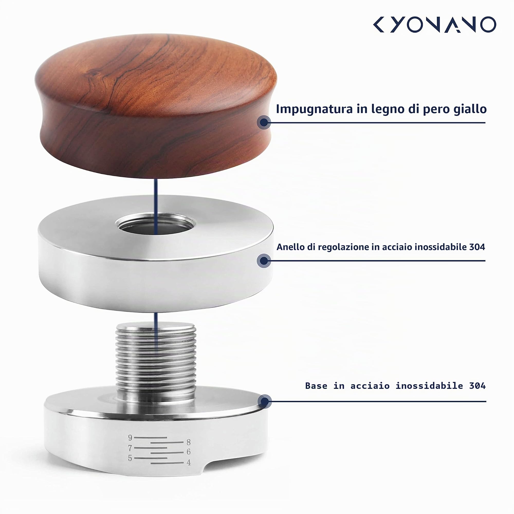 KYONANO Distributore caffè 51 mm, strumento di compensazione espresso, distribuisce uniformemente la polvere di caffè sul tamper, strumento barista, realizzato in legno Huanghua, altezza regolabile da