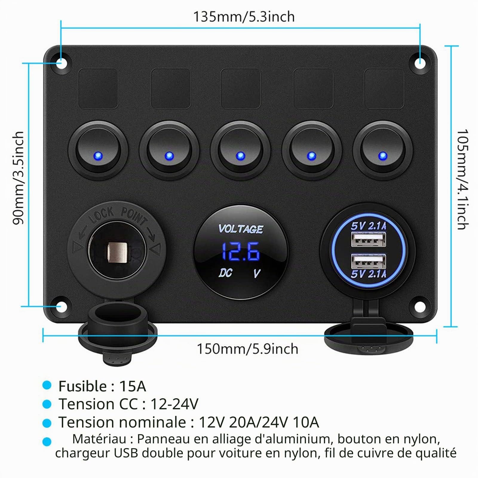 5 Gang Panneau de Commutateur à Bascule 12V 24V Interrupteur à Bascule Étanche IP65 Panneau de Commutateur avec Chargeur Double USB Voltmètre pour Voiture Bateau Camion RV Marine Camping-car