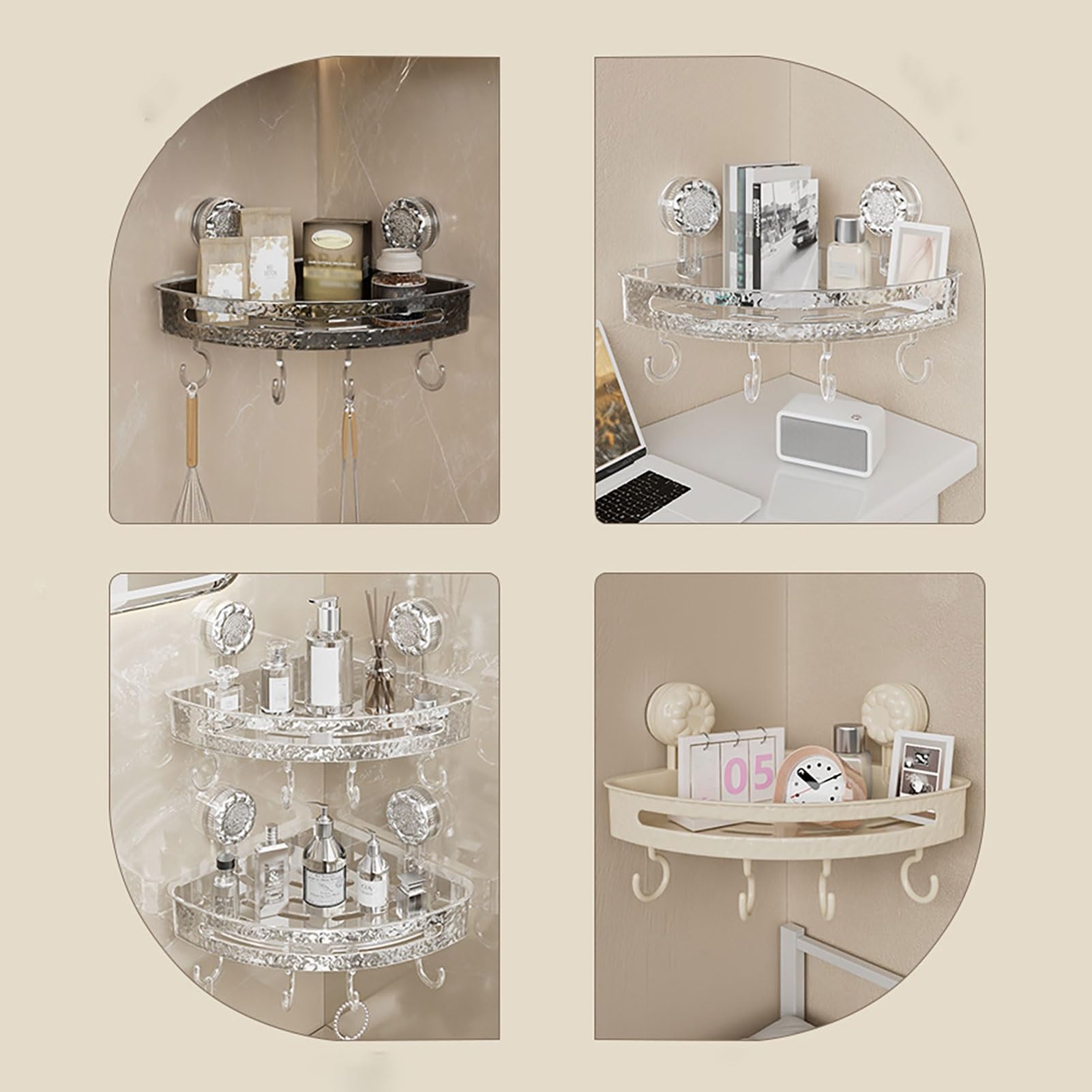 Organizador De Ducha Con Ventosa, Soporte De Almacenamiento Con Ventosa De Esquina Transparente Y Corrugado Con Ganchos, Estante De Almacenamiento De Pared Sin Necesidad De Taladrar(Gray,5 Pack)
