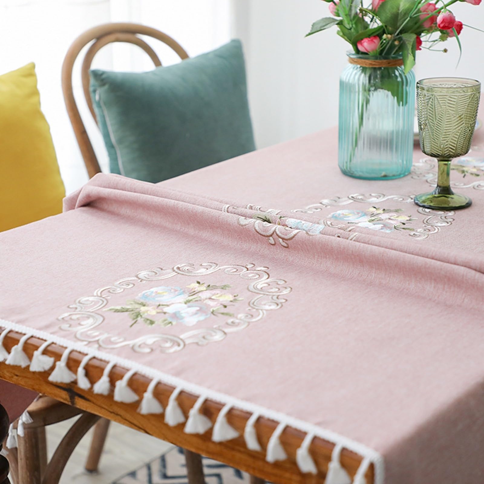 KnSam Mantel de 140 x 260 cm, diseño retro de flores con borla, mantel de poliéster, mantel de jardín, decoración de mesa para salón, comedor, balcón, jardín, rosa