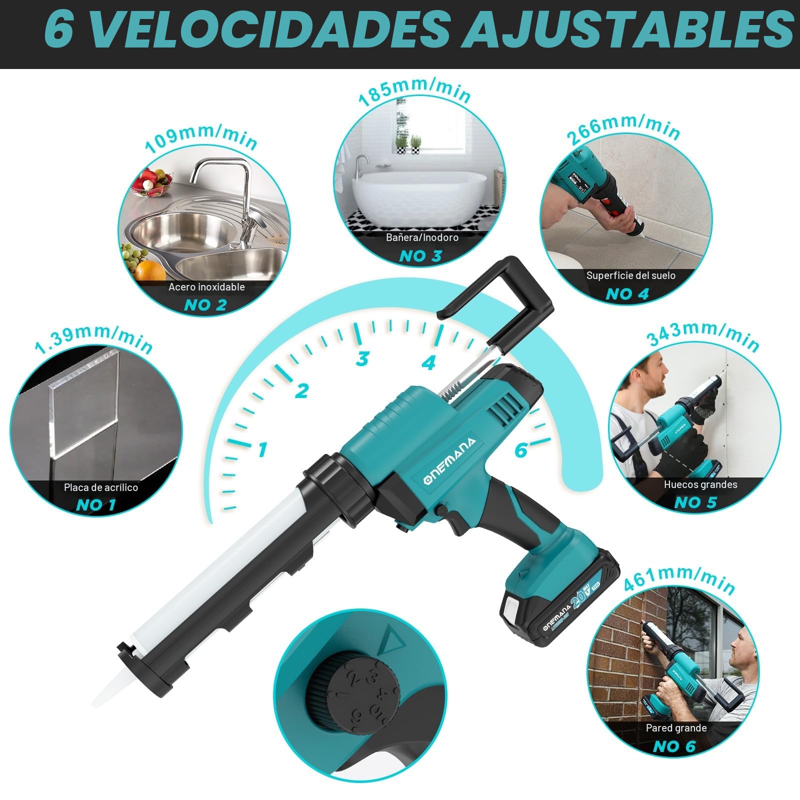 Pistola de Cartuchos con Batería, ONEMANA Pistola de Silicona de 6 Velocidades 6500N 300ml/10Oz, Herramienta de Calafateo con Batería de 2.0Ah y Cargador, Compatible con Batería Makita