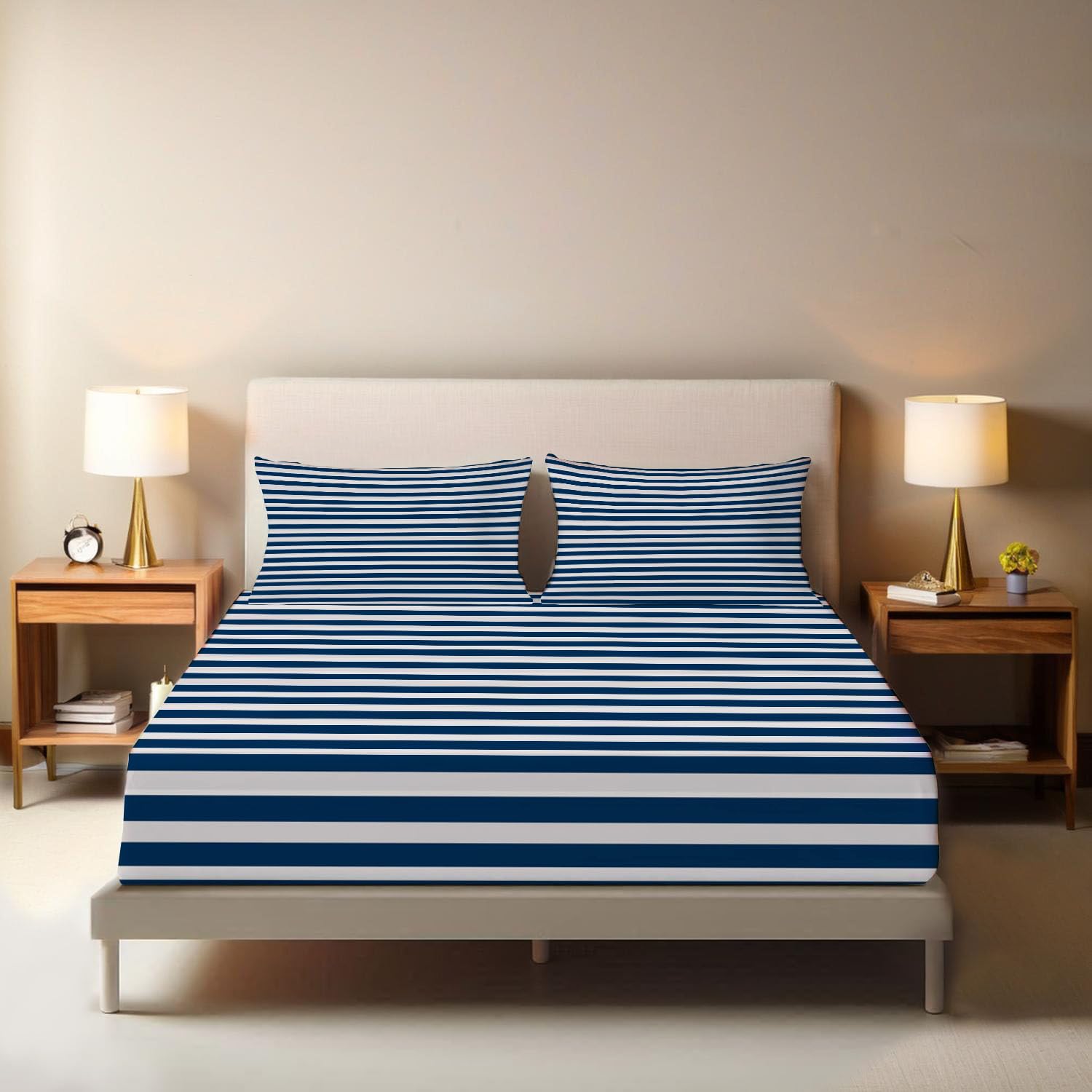 Sábana Bajera Ajustable 3 Piezas 150x200cm, Estampado Simple Rayas Juegos de Cama, Tema Náutico Microfibra Transpirable 30 cm de Profundidad con 2 Fundas de Almohada, Azul Oscuro