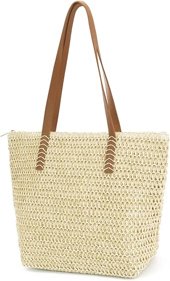 MAMUNU Straw Beach Bag for Women Large Straw Tote Bag with Zipper Summer Woven Bag Beach Travel Casual Straw Shoulder Bags