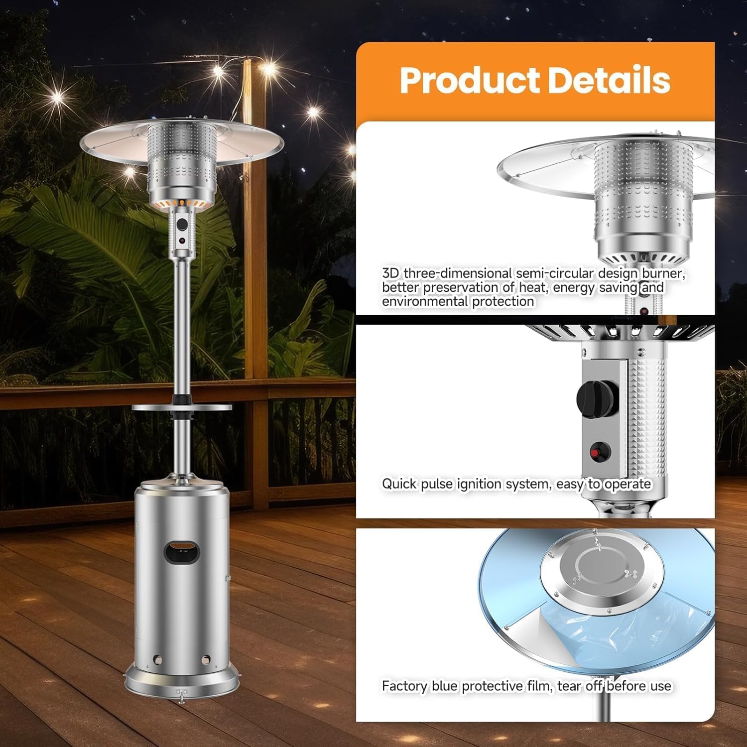 Umbrella Heater/Light, 48,000 BTU Freestanding Heater with Wheels, Burner Screen GuardSafety Tilt Switch and Safety Tilt Switch for Outdoor Heating on