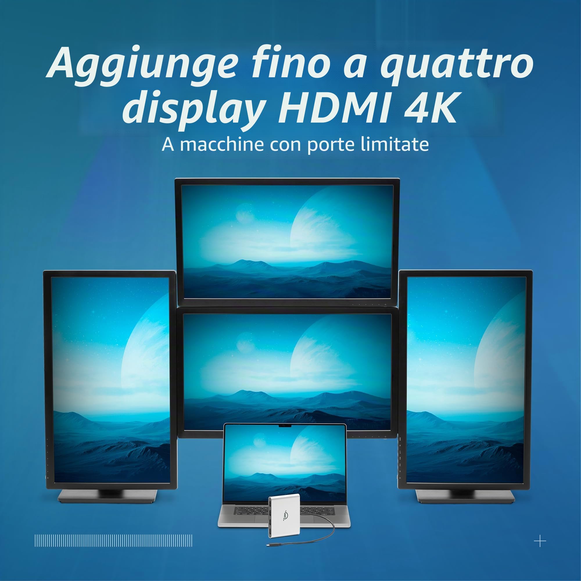 OWC Adattatore USB-C Quad HDMI 4K con DisplayLink – 4 Monitor 4K @60Hz, Power Delivery 90W, Compatibile Mac M1/M2/M3/M4, PC, Chromebook – Plug & Play, Audio HDMI, Bus Powered