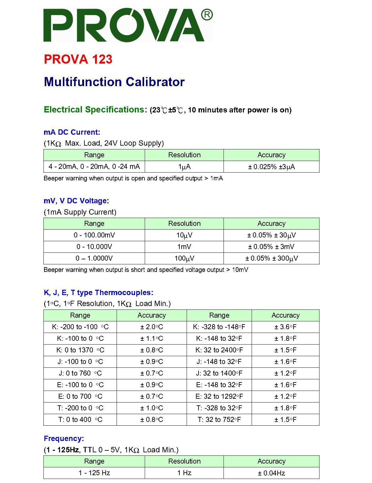 Taiwan Quality PROVA 123 Multifunction Calibrator High Accuracy 1?A Resolution Process Calibrator Signal Generator 4-20mA Loop 0-12V Frequency Temperature Calibrator K, J, E, T Types of Thermocouple