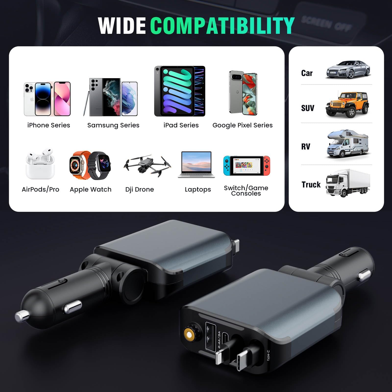Cargador retráctil de coche con luz de estrellas, 4 en 1 [120 W] USB C para iPhone y Android, cargador de coche de carga rápida, compatible con iPhone 16/15/14/13/12/11, regalos de San Valentín para